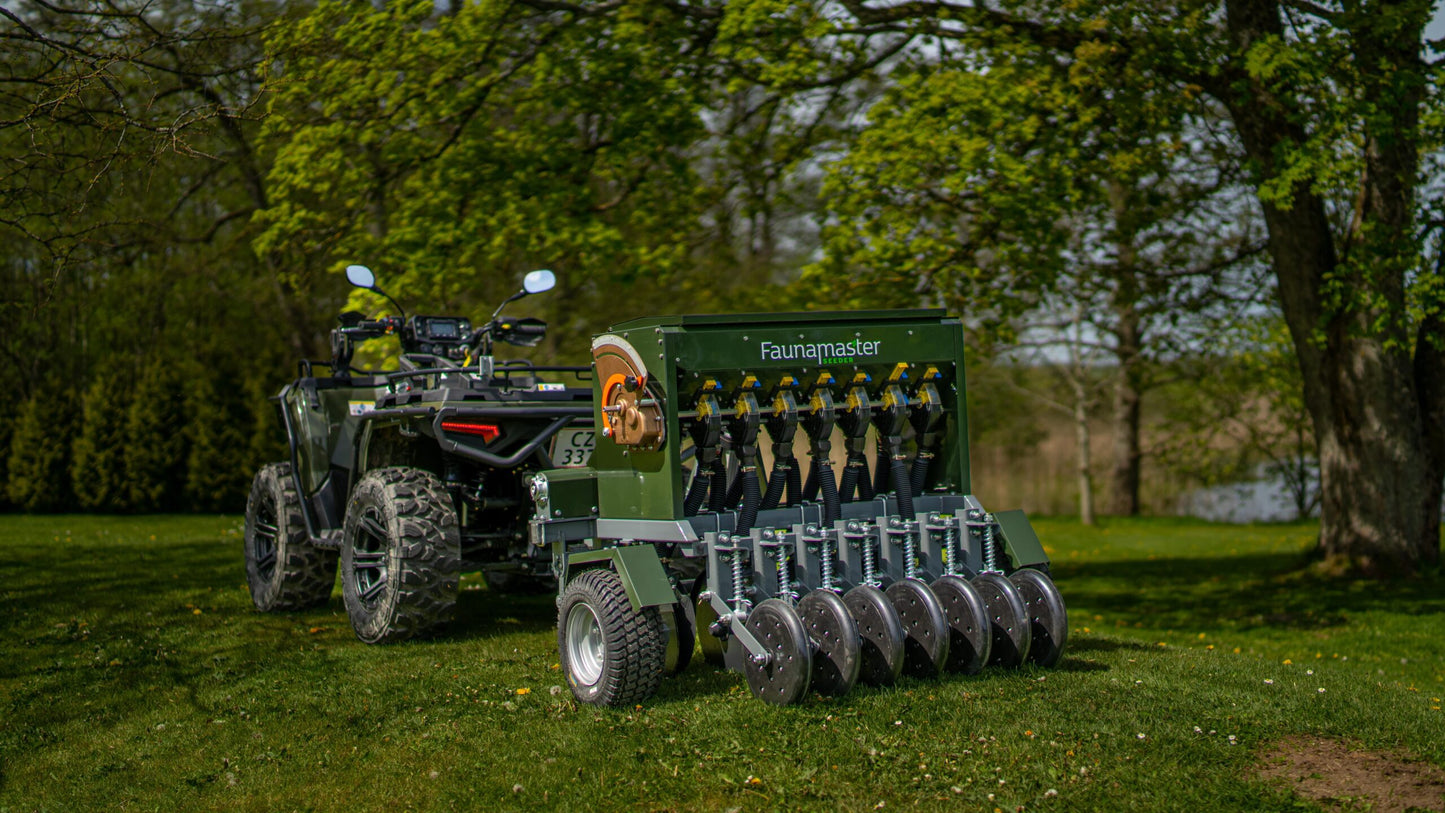 Faunamaster Seeder 105 “ compact ATV-mounted seed spreader for small fields and lawns