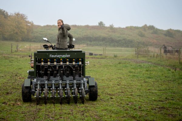 Faunamaster Seeder 105 “ compact ATV-mounted seed spreader for small fields and lawns